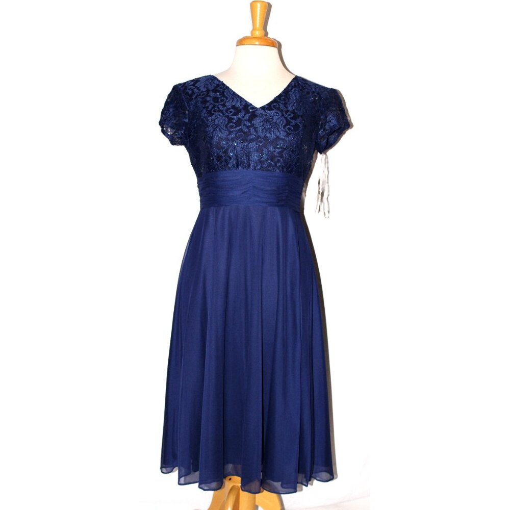 Fanny #1934 Short Chiffon & Lace Formal Dress-Size S-NAVY BLUE-NWT - Picture 2 of 7